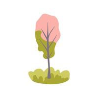 Hand drawn tree in green and pink colors. Simple design. Flat Spring theme. Icon. vector