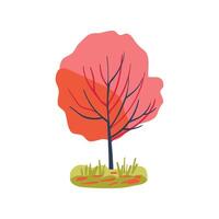 Hand drawn tree with coral and red leaves and grass. Simple design. Flat illustration. Icon vector