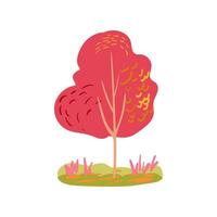 Hand drawn trees with pink, coral, red, and yellow branches and falling leaves. Simple design. Flat illustration. Icon vector