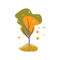 Hand drawn tree with pink and orange branches and green grass. Simple design. Flat illustration. Icon. vector
