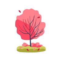 Hand drawn tree with red and pink leaves and grass. Simple design. Flat illustration. Icon vector
