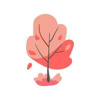 Hand drawn tree with pink and coral branches and grass. Simple design. Flat illustration. Icon vector