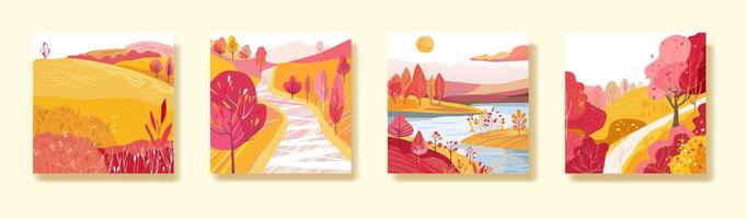 Set of posters with Autumn nature. Sun over the river. Hand drawn. Hilly terrain with paths. vector