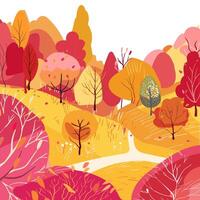 Cozy landscape with autumn scenery. Winding path to the forest hill with trees and falling leaves. Hand drawn illustration. vector