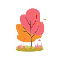 Hand drawn tree with pink and orange branches and green grass. Simple design. Flat illustration. Icon. vector