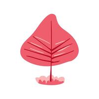 Hand drawn pink tree with coral branches, red leaves, and green grass. Simple design. Flat illustration. Icon. vector
