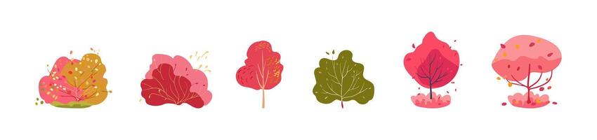 Autumn set of decorative pink and red trees with leaves. Multi-colored bright botany. Bushes vector
