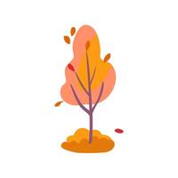 Hand drawn yellow tree with red leaves and grass. Simple design. Flat illustration. Icon vector