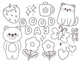 coloring page cartoon kawaii sticker set. cute sticker and doodle for coloring book vector