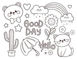 coloring page cartoon kawaii sticker set. cute sticker and doodle for coloring book vector