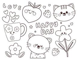 coloring page cartoon kawaii sticker set. cute sticker and doodle for coloring book vector