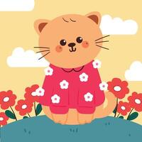 cute card with cartoon cat and flower. animal card with spring vibes vector