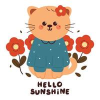 cute card with cartoon cat and flower. animal card with spring vibes vector