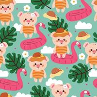 seamless pattern cartoon pig with summer vibes and stuff. cute summer wallpaper for fabric print, gift wrap paper vector