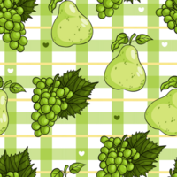 Seamless pattern with pear and grapes on checkered background png