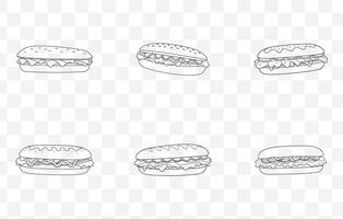 Print Philly Cheesesteak Sandwich Line Art Collection with Various Classic Toppings and Ingredients Illustrations vector