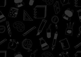 Calculator, notebook, paper, color palette, and school bag doodle art seamless pattern on a black background. For cards, frames, posters, book covers, textiles, wallpaper, wrapping and fabric. vector