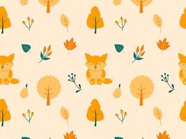 cute autumn pattern with a funny fox and fallen leaves vector