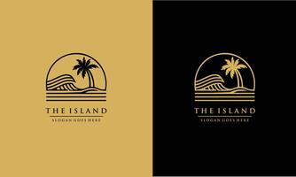 Minimalist the island logo of sun beach waves and palm tree line art. Pro vector
