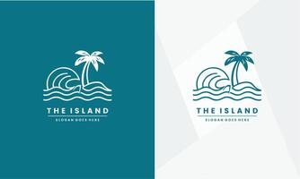 Minimalist the island logo of sun beach waves and palm tree line art. Pro vector