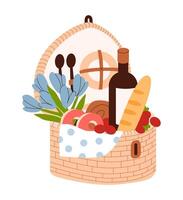 Picnic basket filled with baguette, wine, and flowers. Wicker basket with fresh vegetables, bread, and a towel. Weekend picnics in a natural setting vector