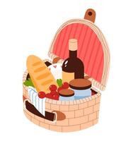 Flat illustration of a picnic basket filled with baguette, wine, and flowers. Wicker basket with fresh vegetables, bread, and a towel vector