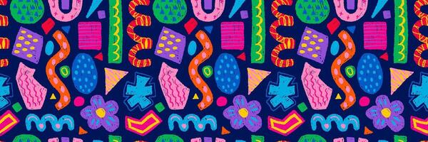 Colorful abstract geometric shapes, forms. Hand drawn seamless pattern of contemporary vector