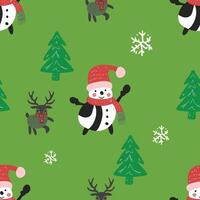 Festive Christmas Seamless Pattern with Snowmen, Reindeers, Trees, and Snowflakes on a Green Background for Holiday Fabrics and Decorations vector
