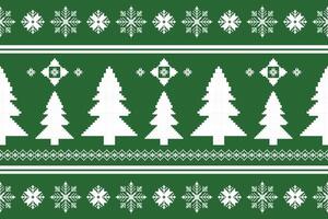 Seamless Pixel Art Christmas Pattern with White Snowflakes and Trees on Green Background for Festive Projects and Holiday Decor. vector