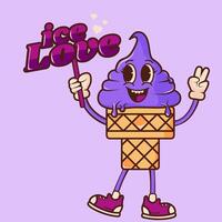 Vintage groovy ice cream on a pink background. A retro character with arms and legs. Cartoon style vector
