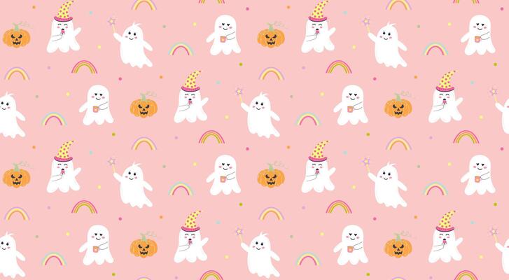 Cute pink ghosts, pumpkin and rainbow seamless pattern. Halloween baby characters. Magic scary spirits with different emotions. cartoon illustration.