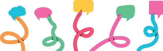 Raised hands holding speech bubbles. Doodle long twisted flexible arm carries in hand feedback frame or opinion message box. Colorful abstract comment template set vector