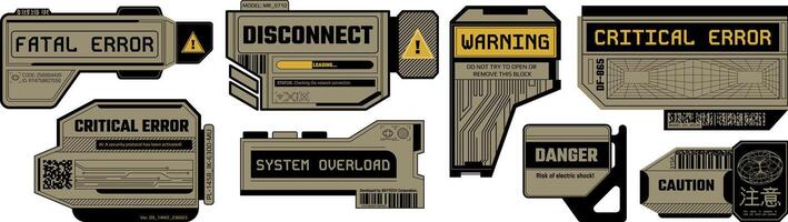 Cyberpunk decal templates. High tech critical and fatal error warning signs, system overload sticker, digital disconnect and danger caution errors window set vector
