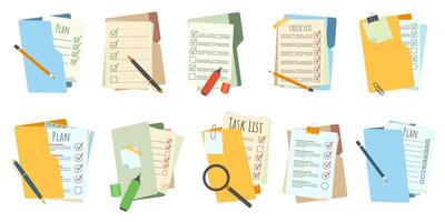 Documents folders. Plan checklists, organized task lists and office planning documents in folder. Survey papers and quiz form illustration set vector