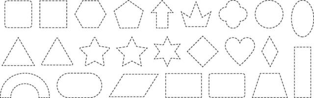 Dash line frames. Dashed outline shape cut line frame for coupon or voucher design. Basic geometric square, rectangle, circle and oval shapes and crown, star and heart symbols border set vector