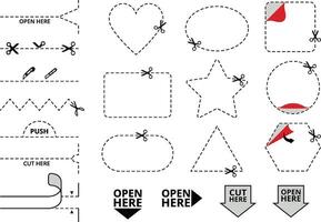 Dashed cut lines. Cut here icon, peel corner stickers and open here labels. Cutting coupon frame template with scissors and tear stripe set vector