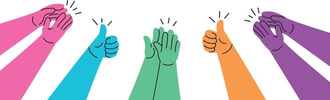 Clapping hands. Colorful doodle hands clapping and giving thumbs up, appreciation and approval concept. Applause claps for celebration of success hand drawn illustration vector