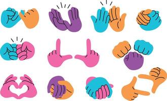 Hands holding together. High five, applause clap and fist bump, couple handshake, two hands frame cropping and heart shaped gestures set vector