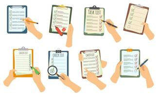 Hand holding checklist on clipboard. Task inspection or requirements lists with tick mark in checkbox. Check marks on agenda list, tasks marked done and survey or testing papers cartoon set vector