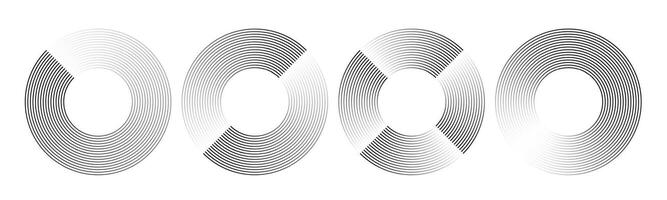 Round geometric stripes. Abstract circular gradient line art, minimalist zen pattern circles and radial movement speed lines. Rotation effect set vector