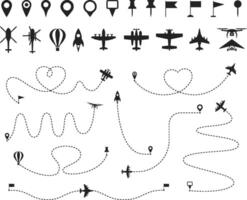 Flight path route. Dashed line plane, helicopter, balloon, drone and jet fighter trajectories. Aircraft take off, landing point with airplane, pin. Fly direction set. Navigation map elements vector