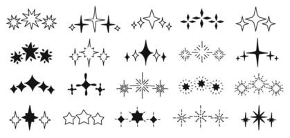 Hand drawn sparks. Decorative doodle shining starburst, twinkling three and five stars shapes in row. Festive sparkling bursts icons set vector