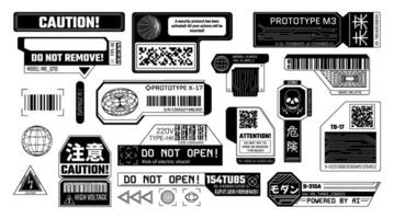 Cyberpunk black stickers. Futuristic warning labels and prototype tags with barcode. Cyber caution and attention digital error message signs set vector