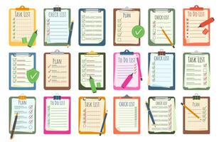 Planning clipboards. Task checklists and To Do lists with pen, pencil or markers. Productivity plan list, interview checklist and work progress boards cartoon illustration set vector