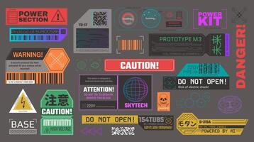 Cyberpunk stickers. High tech futuristic warning and caution labels, safety signs and cyber decals with barcodes. Digital interface elements set vector