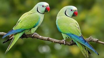 two green parrots sitting on a branch photo