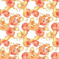 Watercolor seamless pattern of chines flat peaches levitation with splashing juice isolated on white. Fruits with drops painted. Fig peach hand drawn. Design element for package, label, cosmetic, oil. vector