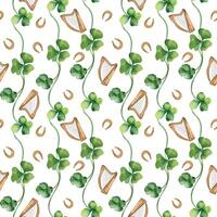 Shamrock and horseshoes watercolor seamless pattern isolated on white background. Painted clover and harp. Hand drawn Celtic symbol. Design for St. Patrick day decoration, textile, wrapping, paper. vector
