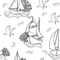 Marine graphic seamless pattern of sailing ships coral and seaweeds. Boat yacht on repeating texture of curly waves black and white outline. Ships birds fish endless monochrome background vector