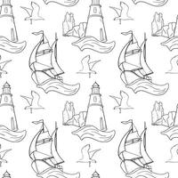 Nautical graphic seamless pattern of sailing ship on wave . Marine repeating texture of lighthouse and rocks black and white line art. Boat seagull beacon endless monochrome background. vector